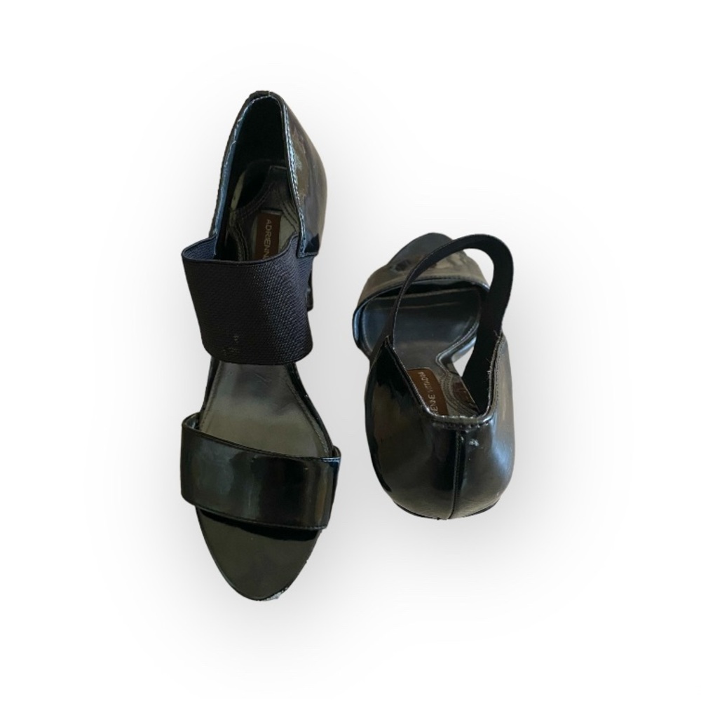Adrienne Vittadini Rue Elastic Strap Sandal Heel Size 6.5M Black Patent Leather